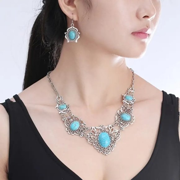 Bohemia Vintage Turquoise Necklace Earrings Jewelry Set Elegant Party Gift - Picture 1 of 5